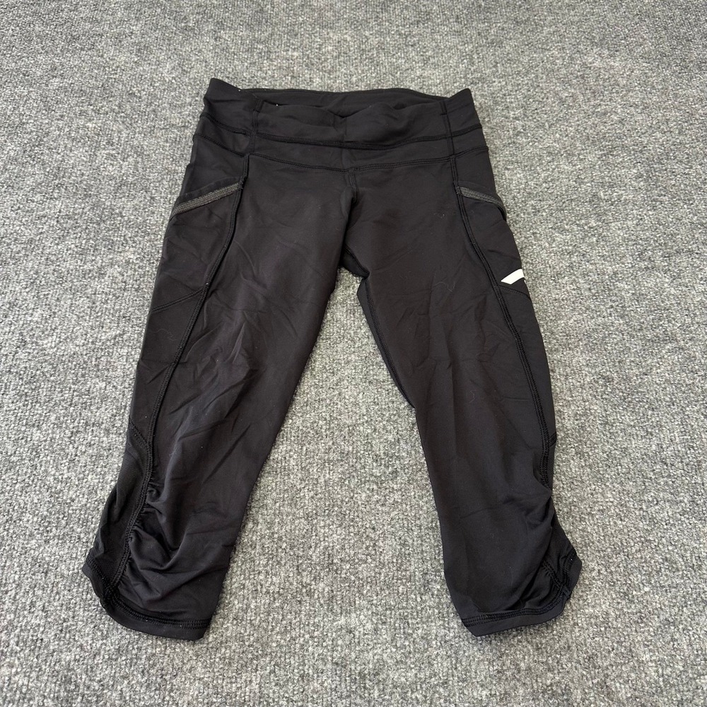 Lululemon Leggings Womens Size 4 Black Ruched Cropped Athletic Yoga Pants Pocket